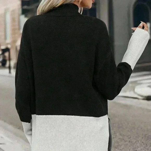 Multicolor Preppy Womens Two Tone Drop Shoulder Split Hem Drop Shoulder Sweater - Picture 3 of 6